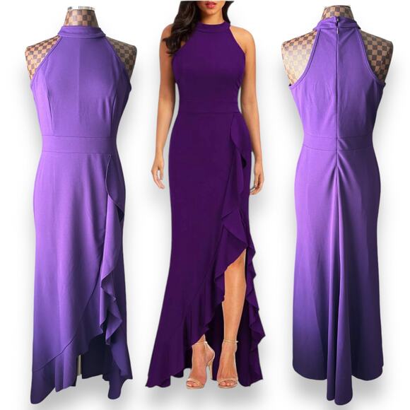 Woosea Purple Mermaid Dress Large Maxi Bodycan High Neck Front Slit Halter - Picture 1 of 7